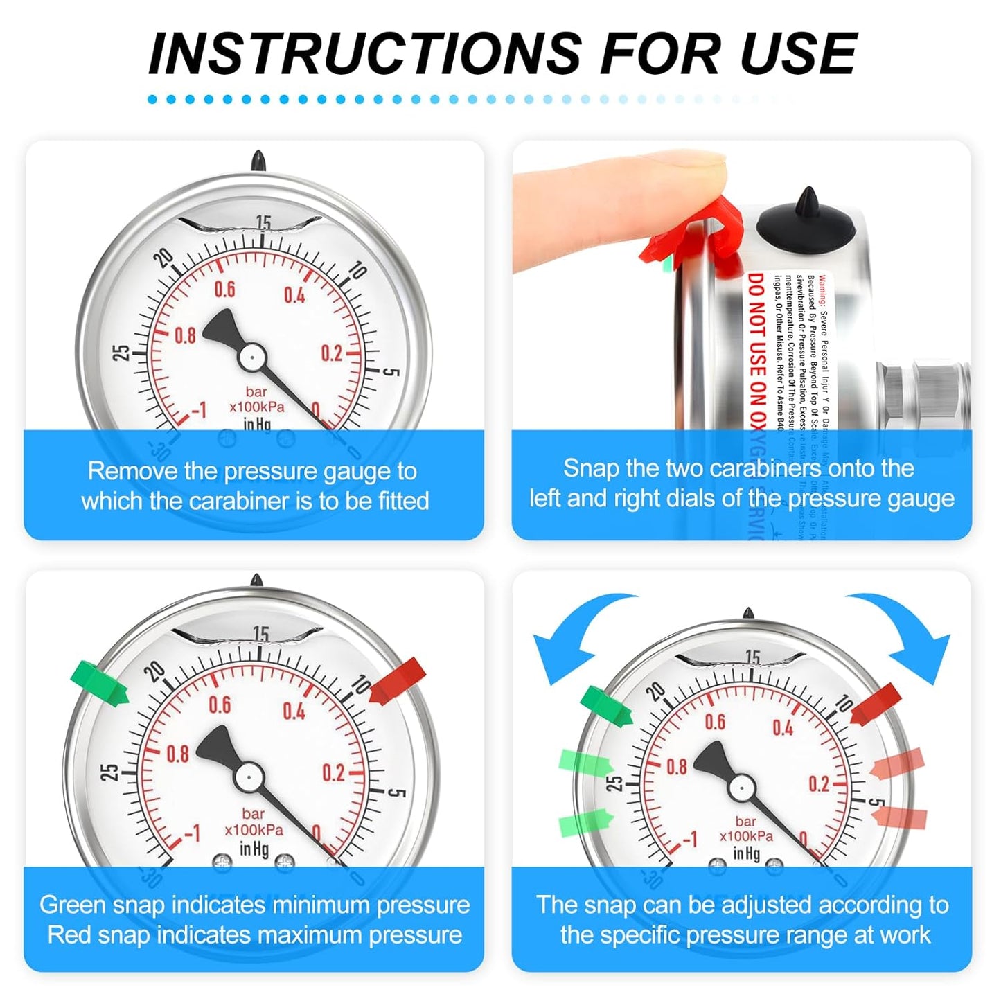 MEANLIN MEASURE -30inHG~0Psi Vacuum Pressure Gauge 316 Stainless Steel Joint 1/4" NPT 2.5" FACE DIAL, Stainless Steel Liquid Filled Pressure Gauge WOG Water Oil Air Back Mount, 2PCS Snaps