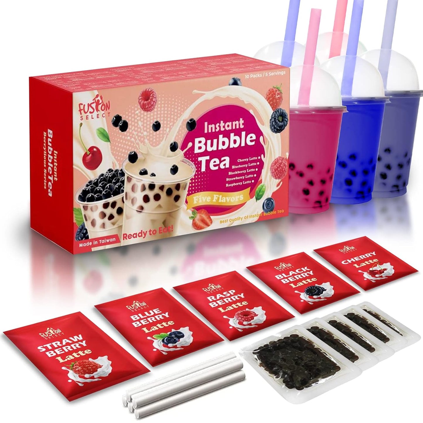 Fusion Select 5 Packs Bubble Tea Kit Extra Rich Blueberry, Raspberry Strawberry Blackberry Cherry Boba Tea Kit Drinks, Boba Tapioca Pearl, Straws, Various Tea Set Flavors