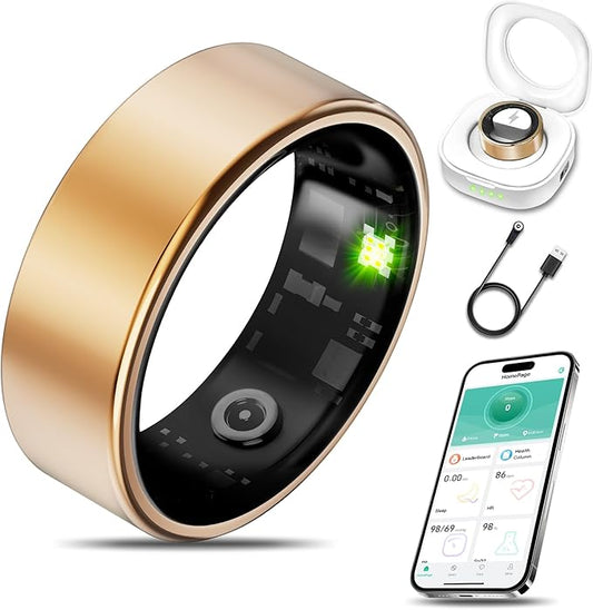 Smart Health Ring for Women Men Fitness Tracker with Heart Rate, Blood Oxygen, Blood Pressure, Sleep Monitoring, Step Counting, IP68 Waterproof for iPhone and Android, No Subscription Fee, Gold 12