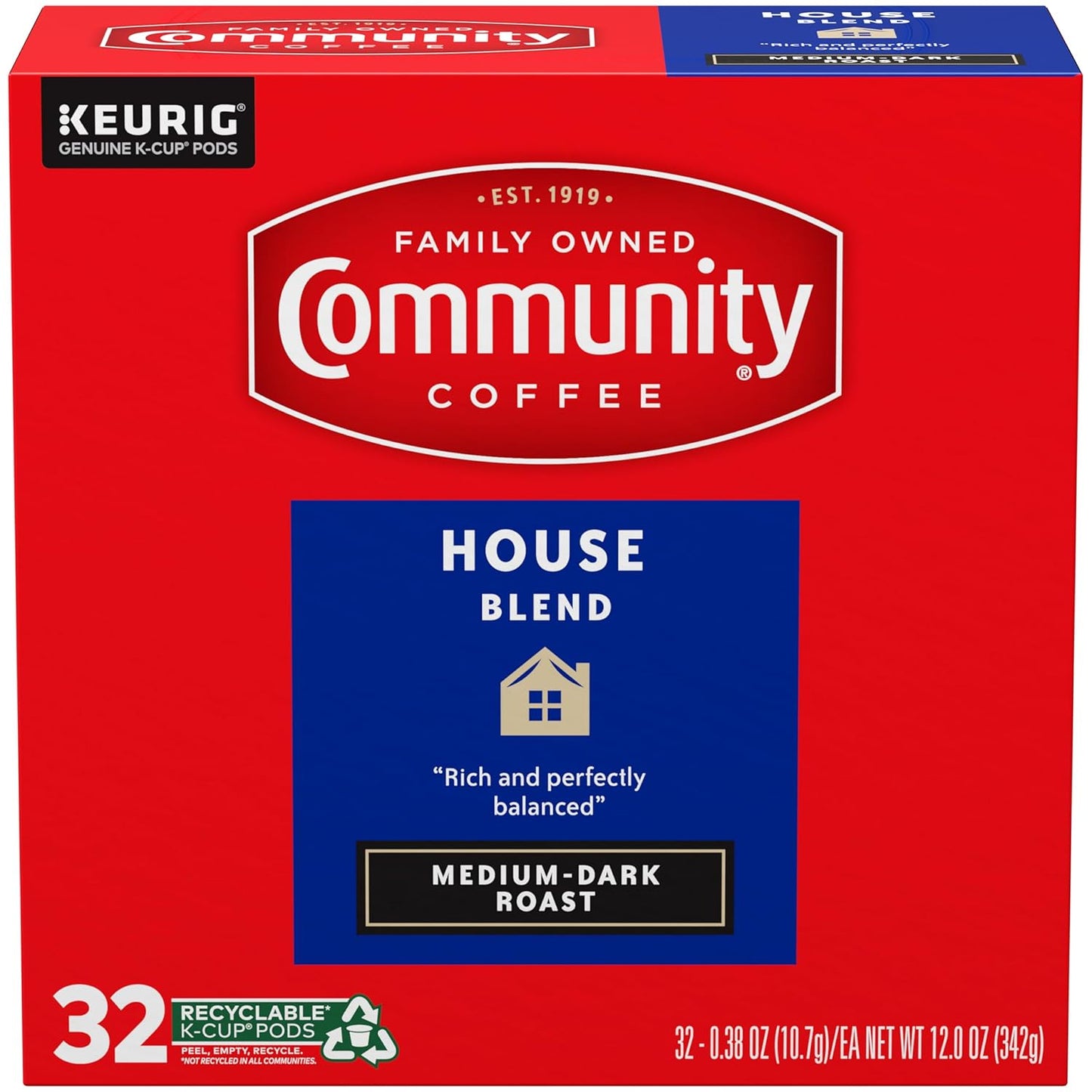 Community Coffee House Blend Medium-Dark Roast Single Serve Keurig K-Cup Pods 32 ct Box