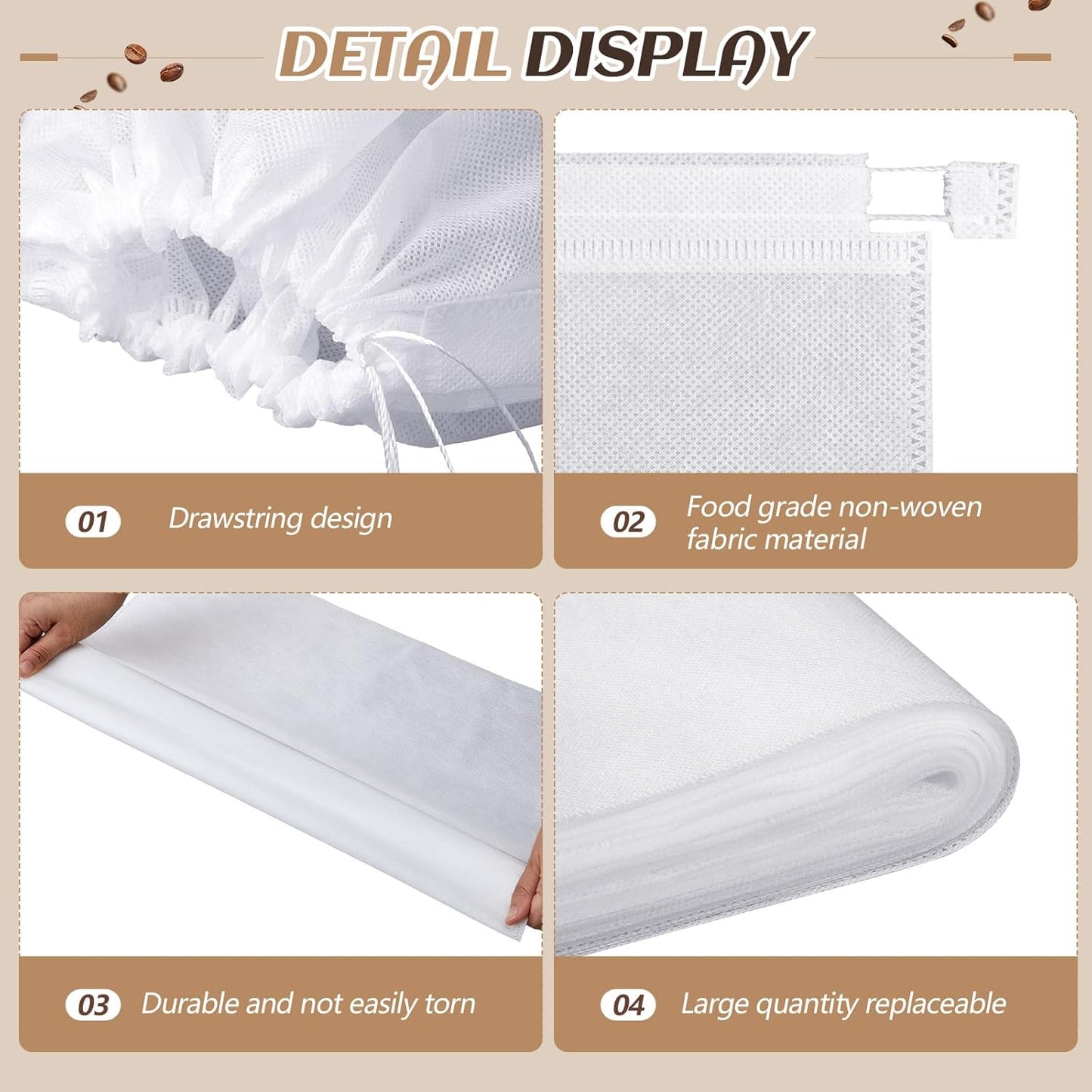 100 Pcs 20" x 20" Commercial Home Cold Brew Coffee Filter Bags with Drawstring, Disposable for Commercial Home Cold Brew Coffee Makers