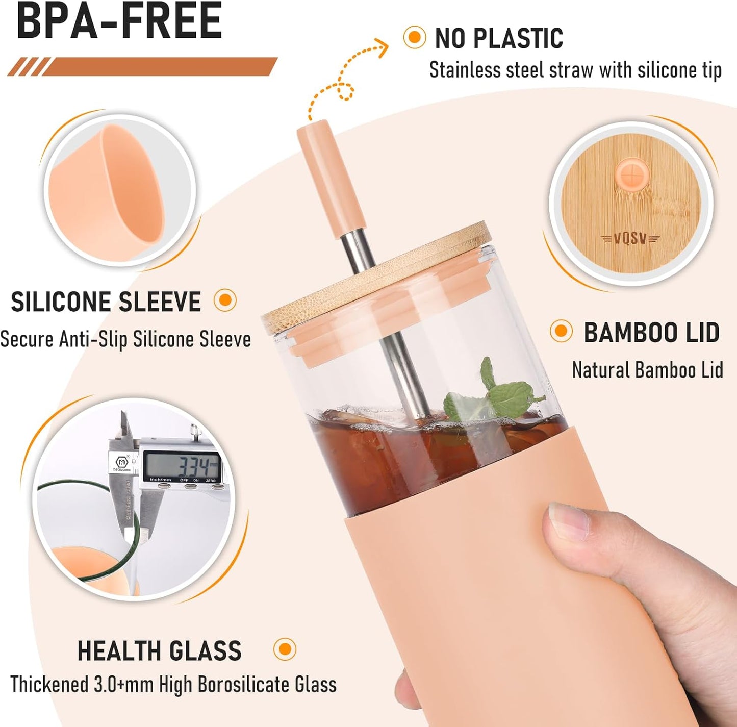 Glass Tumbler w/Lids & Straw - 24oz Reusable Glass Mug/Bamboo Lid & Stainless Steel Straw-BPA-Free,Leak-Proof,Dishwash Safe for Coffee/Smoothies/Hot Beverages, Travel/Office/Home Use,2-pk,Amber