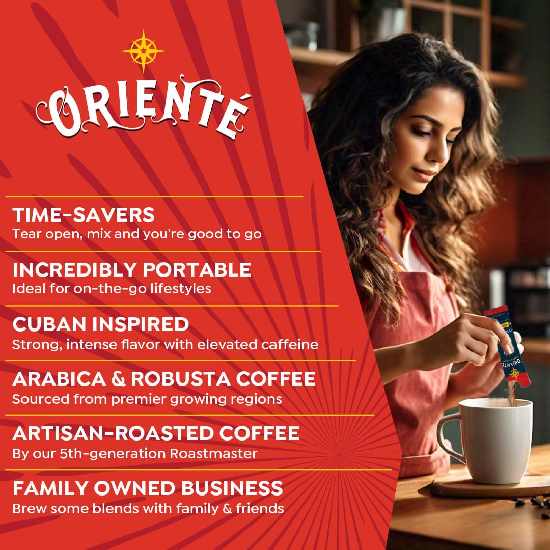 Oriente Cuban Coffee Roasters Dark Roast Instant Coffee - 20 ct, Authentic Cuban Style, 100% Arabica Coffee - Hot or Iced Coffee