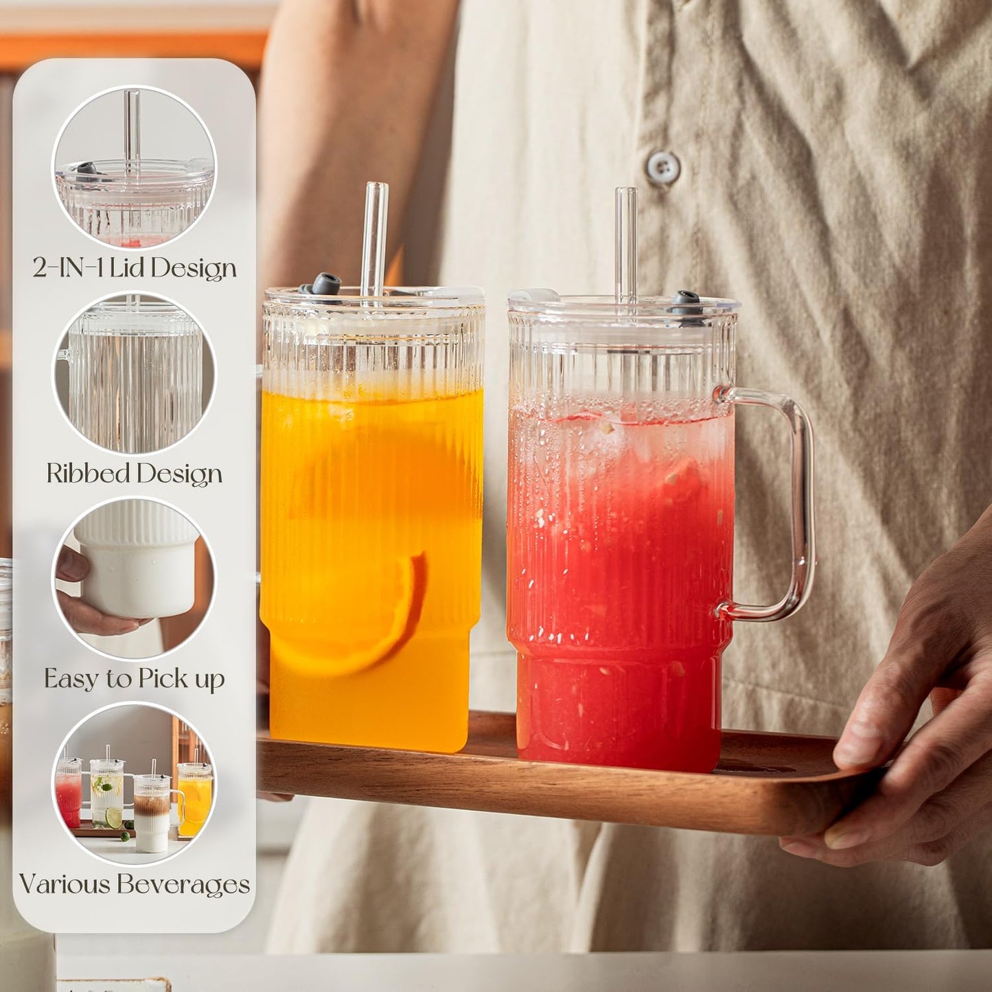 KEMORELA 2PCS 20 Oz Ribbed Glass Tumblers with Lids & Straws – Handle Iced Coffee Cups, Reusable Clear Drinkware for Smoothies & Cold Beverages – Dishwasher Safe