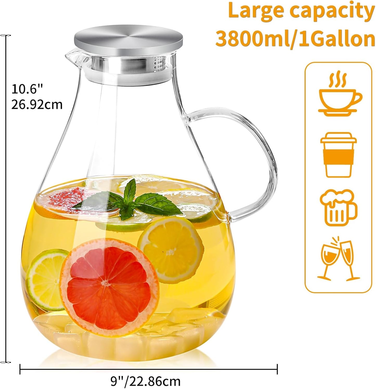 UNBREAKABLE - 1 Gallon Glass Pitcher – 3800ml Heat-Resistant Borosilicate Water Jug with Stainless Steel Lid, Easy to Clean, Handmade Carafe for Hot & Cold Drinks – Modern Style for Home or Office