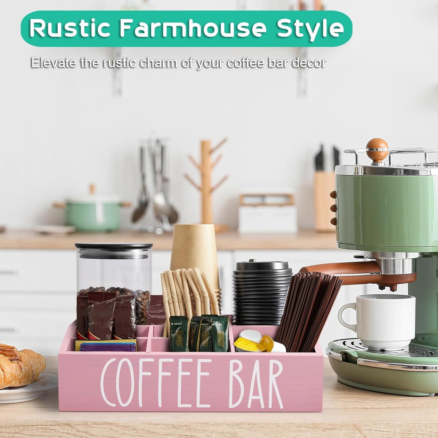 ALELION Pink Coffee Station Organizer for Countertop - 7 Compartments Coffee Bar Accessories and Organizer with Removable Dividers - for Pink Kitchen Coffee Bar Decor