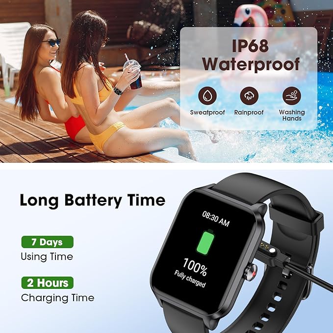 Smart Watch(Answer/Make Call), 1.69" Fitness Tracker with Heart Rate Blood Oxygen Monitor, Sleep Monitor Health Tracker, 100+ Sports Modes, Step Counter, IP68 Waterproof Fitness Watch for Android iOS