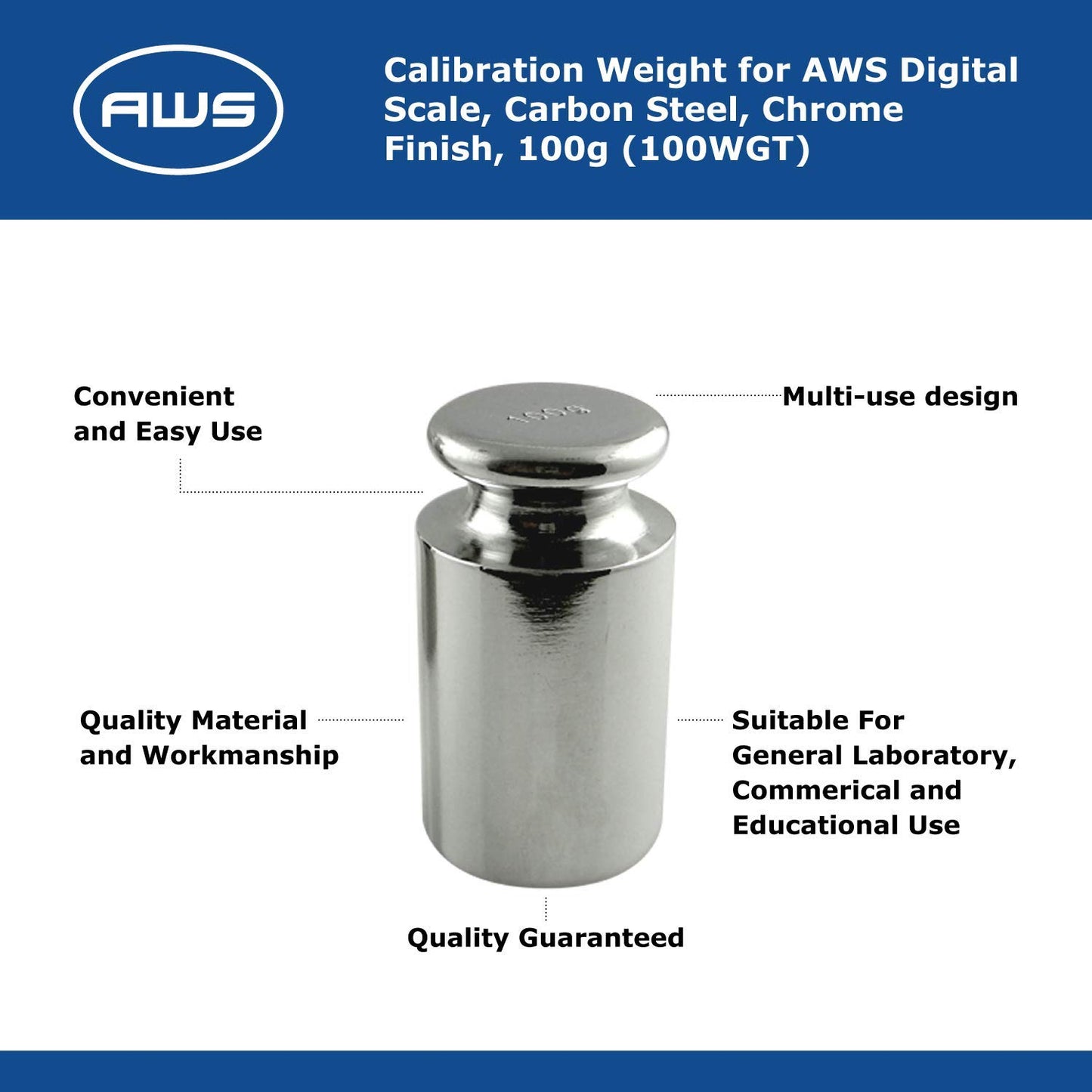 American Weigh Scales Calibration Weight for AWS Digital Scale, Carbon Steel, Solid Stainless Steel Chrome Finish, 100g (100WGT)