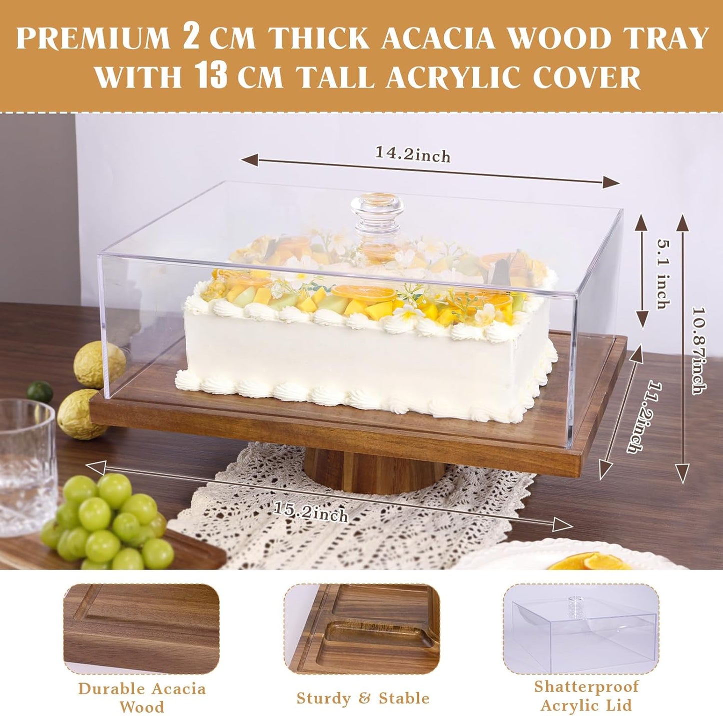 Acacia Wood Cake Stand with Lid - 15" Rectangular 2-in-1 Serving Board & Dessert Display, Shatterproof Acrylic Cake Dome Cover(5.1" high), Charcuterie Platter for Cheese, Fruit, Appetizers (15 inch)