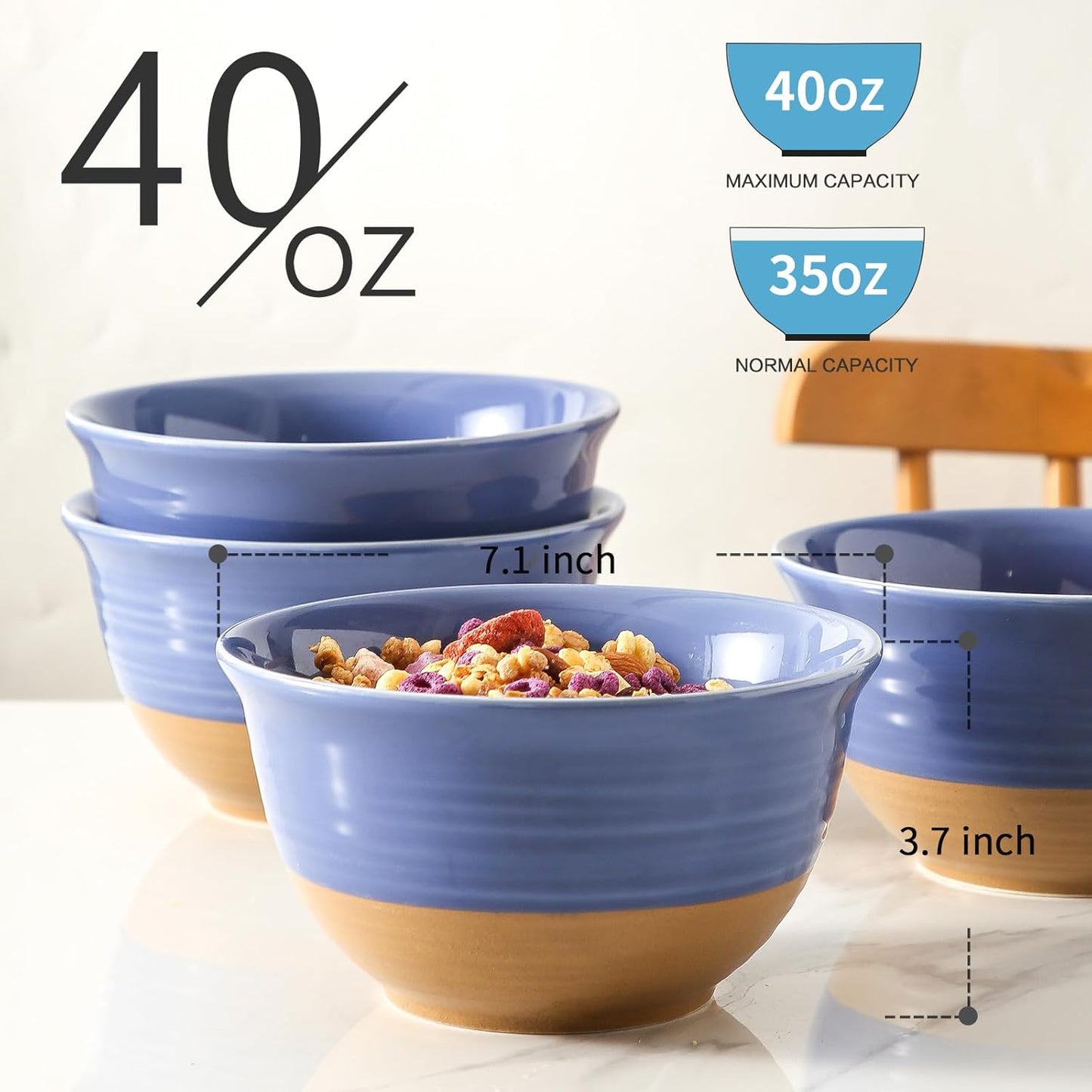 Hasense Large Soup Bowls, 7 Inch Ceramic Salad Serving Bowls, 40 oz Pasta Bowls Set of 4, Cereal Pho Ramen Noodle Popcorn Bowls for Kitchen, Dishwasher Microwave Safe, Purple