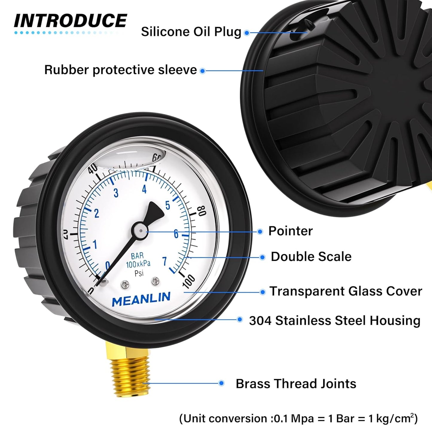 MEANLIN MEASURE 0~100Psi Stainless Steel 1/4" NPT 2.5" FACE DIAL Liquid Filled Pressure Gauge, Lower Mount (with Rubber Protective Sleeve), with 1/2" NPT and 3/8" NPT Hex Bushing