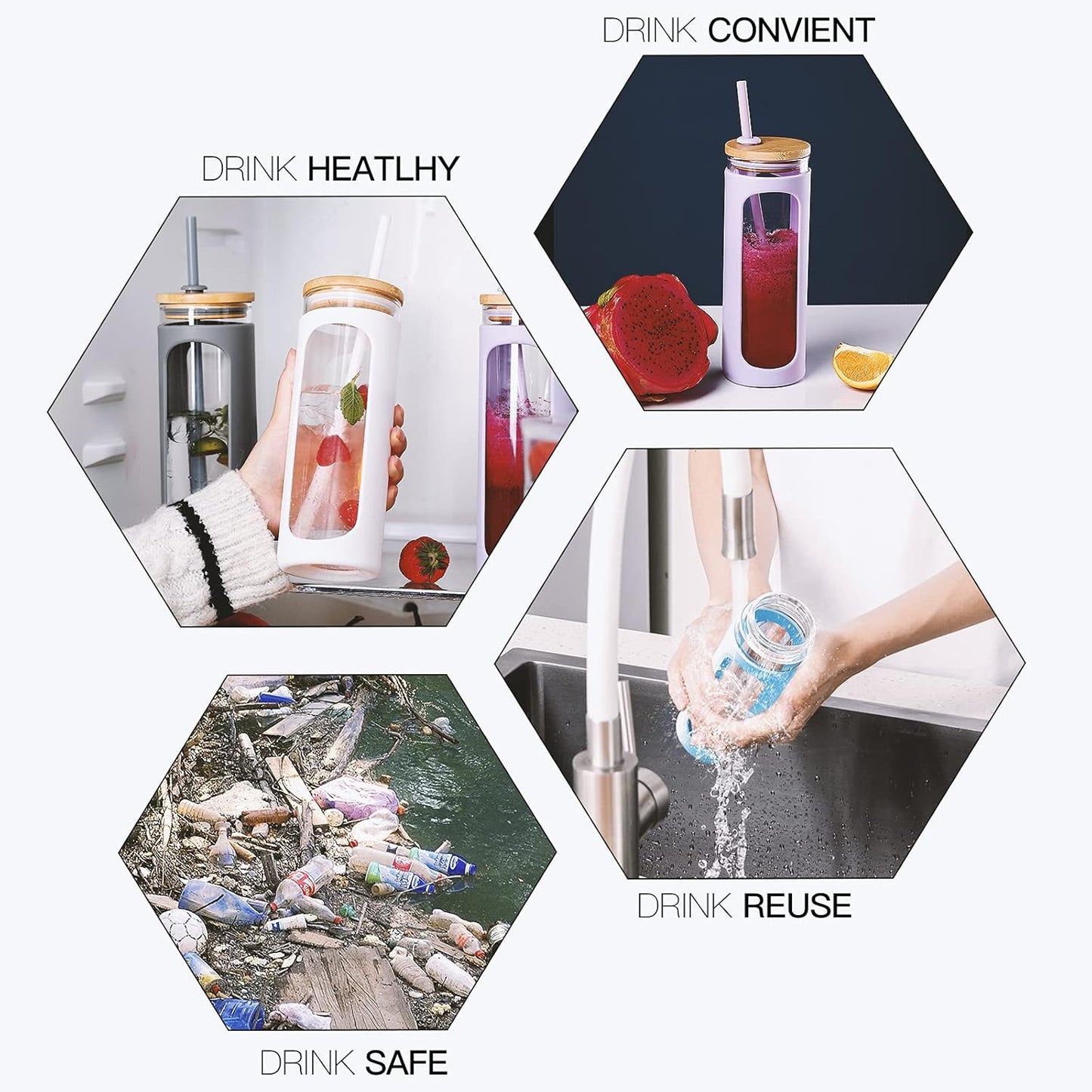 Kodrine 20oz Glass Tumbler with Straw and Lid, Bamboo Lids Water Bottle, Reusable Iced Coffee Cups, Wide Mouth Smoothie Cup with Protective Silicone Sleeve BPA FREE-White+Amber-2pack