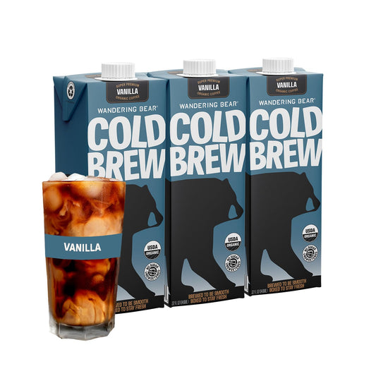 Wandering Bear Organic Vanilla Cold Brew Coffee, 32 fl oz, 3 pack - Extra Strong, Bold, Smooth, Unsweetened, Shelf-Stable, Ready to Drink, Gluten Free, & Vegan, Iced Cold Brewed Coffee Drinks