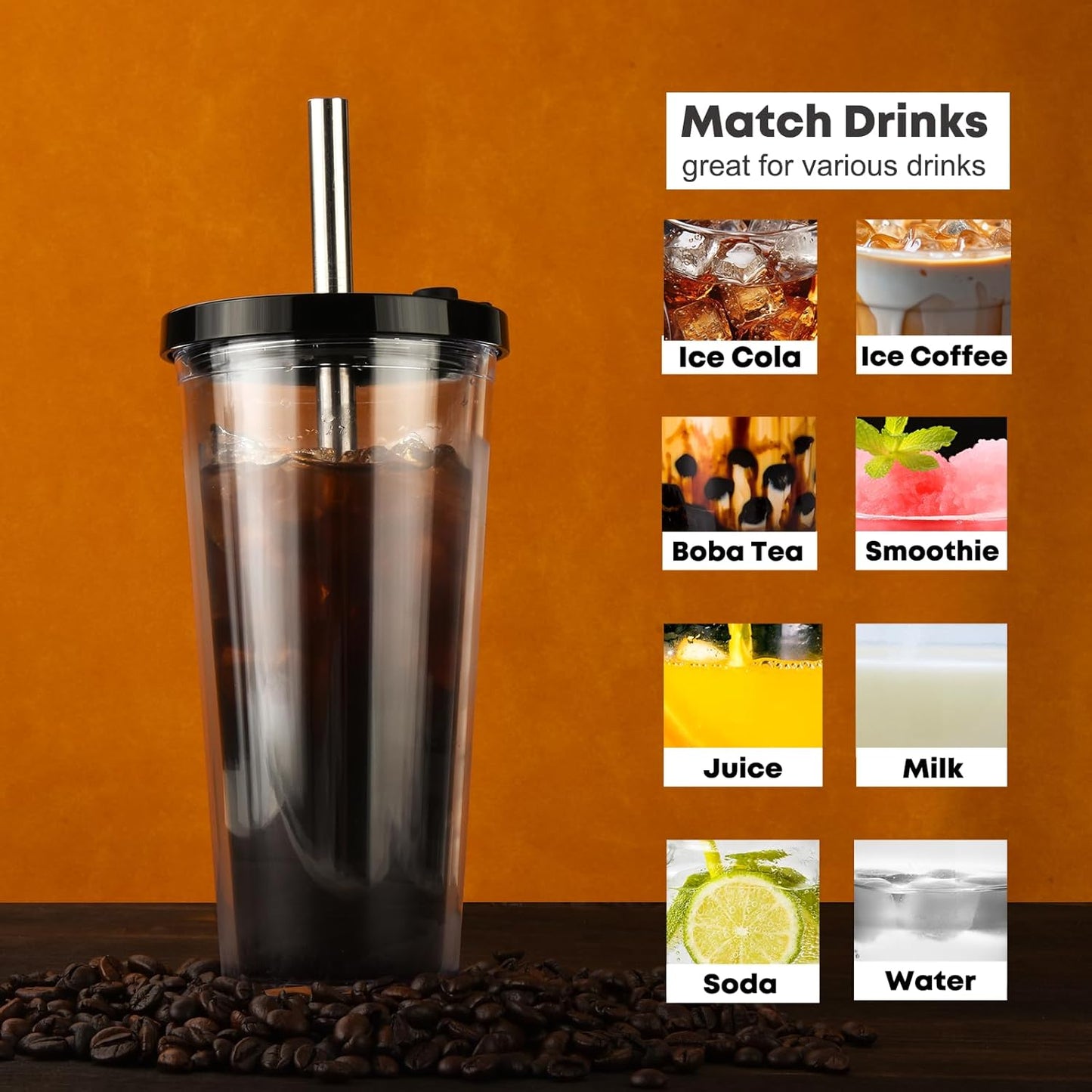 ALINK Reusable Iced Coffee Cup with Lid and Straw, 24 oz Boba Tea Smoothie Cup, Leak Proof Double Wall Insulated Iced Coffee Tumbler for Hot Cold Drinks, Bubble Tea, With 2 Boba Straws 1 Brush