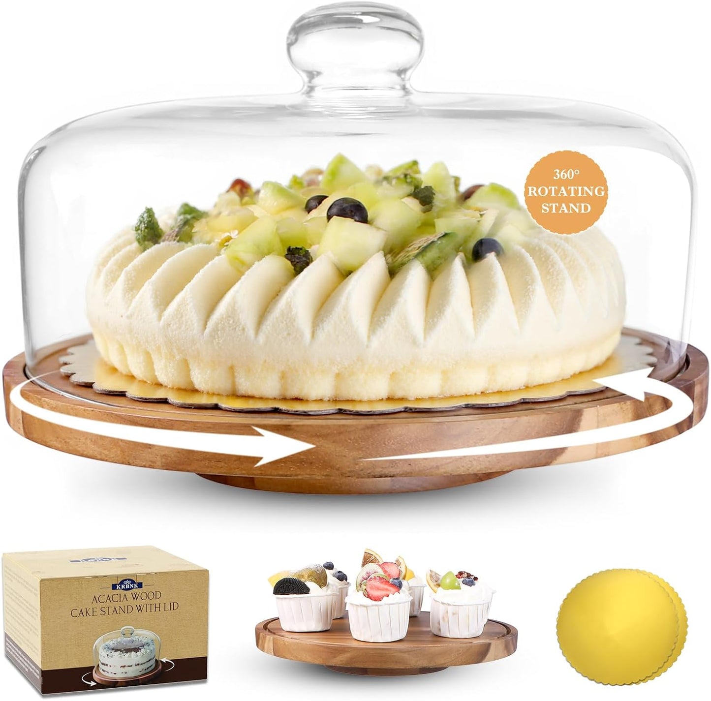 Glass Rotating Cake Stand with Lid - 12" Acacia Wood Cake Plate with Dome, Includes 2 Extra Cake Boards - Cake Holder for Wedding, Birthdays, Kitchen, Party Display, Charcuterie Tray