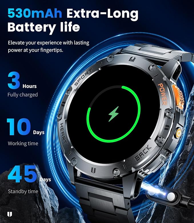 Smart Watches for Men for Android/iPhone(2 Straps),1.43’’ AMOLED Display Sport Watch with 123 Sport Modes/FlashLight,5ATM Waterproof Fitness Tracker with Blood Pressure/Heart Rate/Sleep Monitor,Metal
