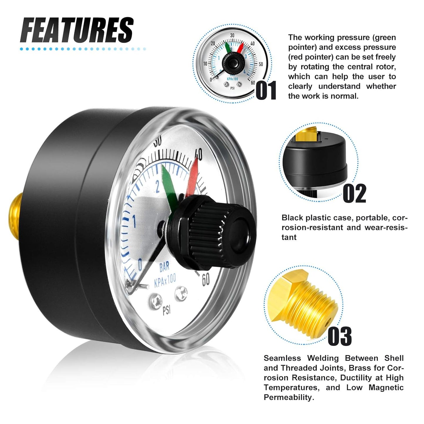 MEANLIN MEASURE 0-60Psi 1/4" NPT Pressure Gauge Box with dial for selecting Filter, 3-2-3% Accuracy, Center Back Mount, with 1/2" NPT and 3/8" NPT Hex Bushing