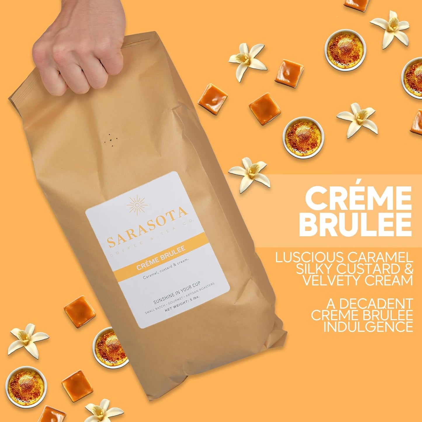 Sarasota Coffee Ground Creme Brulee | Medium Roast Gourmet Flavored Coffee Grounds | Low Acid, Mold Free, Specialty Grade Flavored Bulk Ground | 5lb (80 oz)