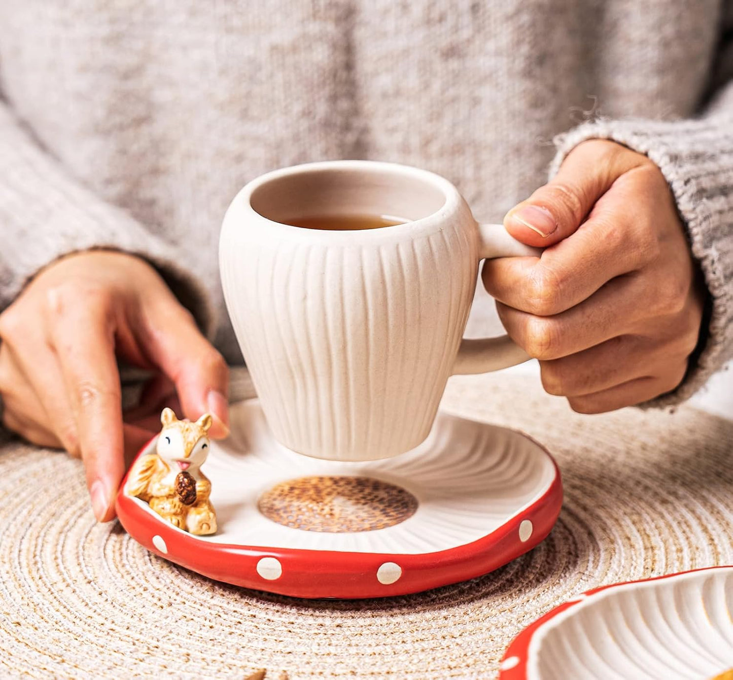 Cute Mushroom Mug with Saucer, Handmade Glaze Polka Dot, with Squirrel Decoration on the Plate. Safety Matt Ceramic Coffee Cups, 11 oz Cartoon Tea Cup. Best Gifts for Women & Girls.