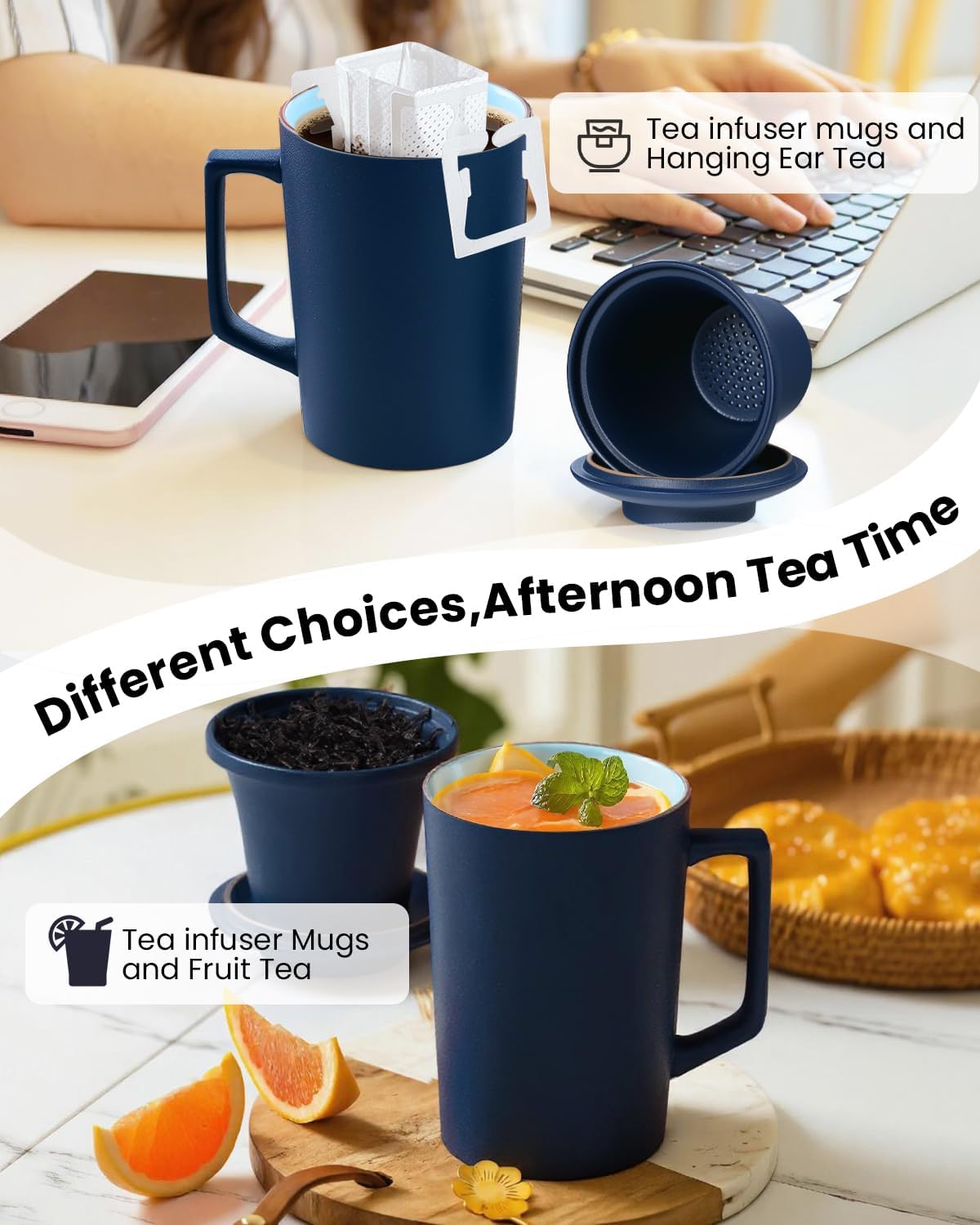 15 OZ Porcelain Tea Infuser Cup with Lid,Ceramic Tea Mug with All-Porcelain Strainers for Loose Leaf Teas,Microwave and Dishwasher Safe Coffee Mug,Metal-Free,BPA-Free,Gifts for Tea-Lover (Blue)