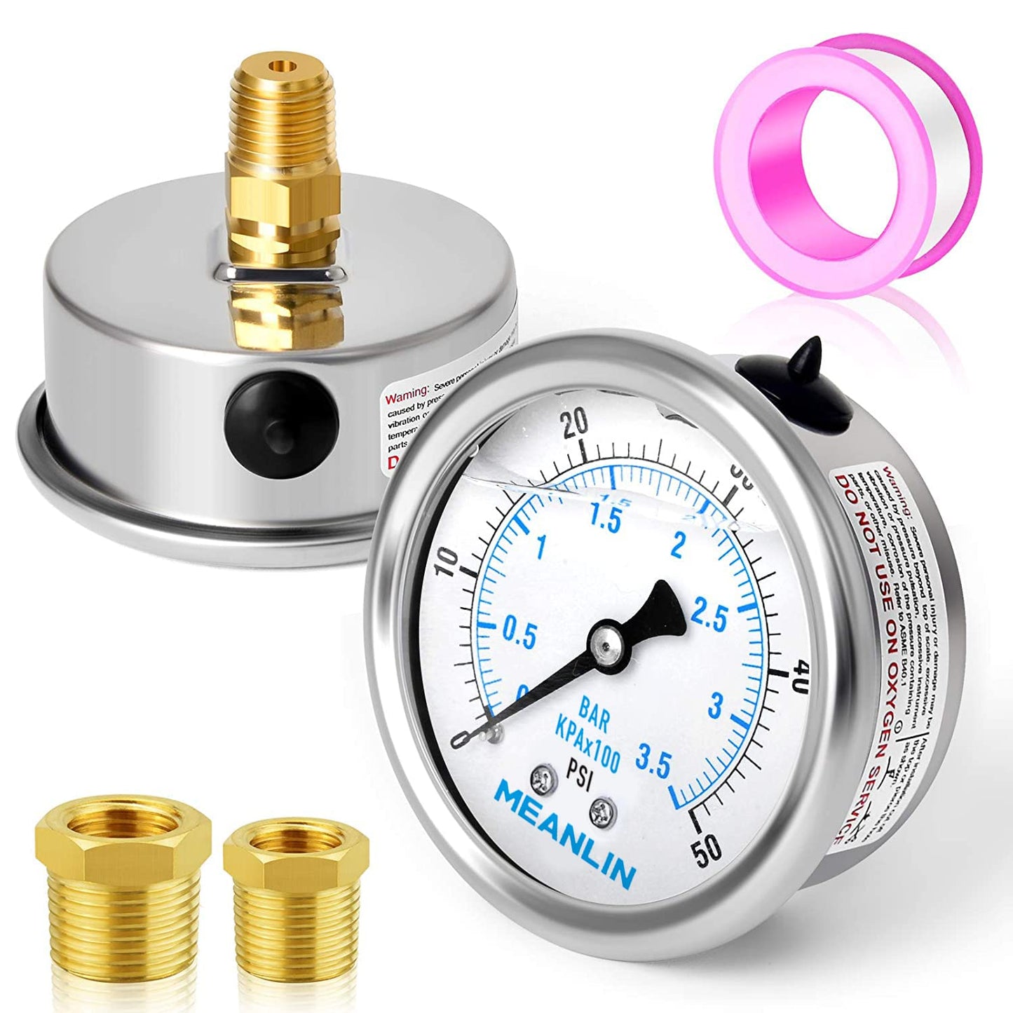MEANLIN MEASURE 0~50Psi Stainless Steel 1/4" NPT 2.5" FACE DIAL Liquid Filled Pressure Gauge WOG Water Oil Air Center Back Mount, with 1/4" x 1/2" NPT and 1/4" x 3/8" NPT Hex Bushing