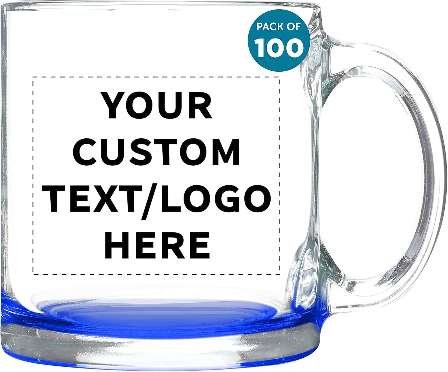 Custom Clear Glass Coffee Mugs 13 oz. Set of 100, Personalized Bulk Pack - Perfect for Coffee, Tea, Espresso, Hot Cocoa, Other Beverages - Blue Bottom