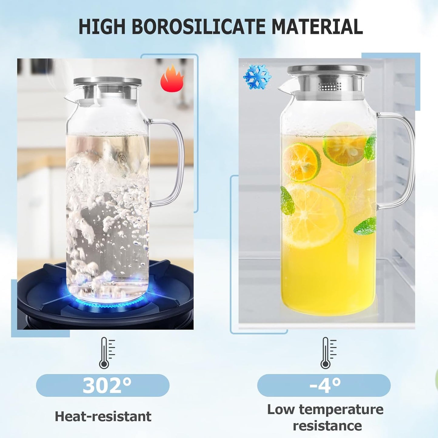 Yirilan Glass Pitcher, 1.8 Liter Water Pitcher with Lid, Beverage Pitchers for Hot, Cold Water, Iced Tea and Juice Drink with Cup Brush