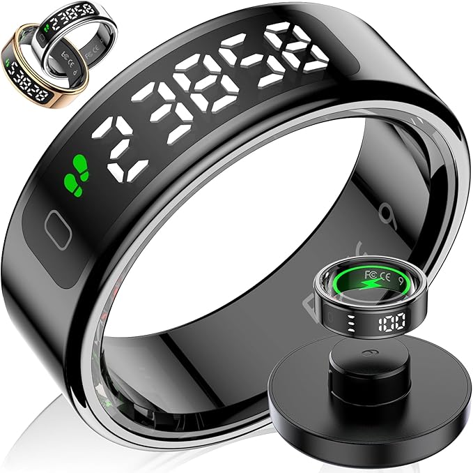 Smart Ring with LED Display Screen, Fitness Tracker Smart Rings for Women Men, Health Ring for iOS & Android, Sleep Tracker Ring Compatible with Heart Rate, SpO2, Sleep, Step (Black, 9)