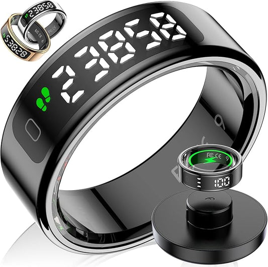 Smart Ring with LED Display Screen, Fitness Tracker Smart Rings for Women Men, Health Ring for iOS & Android, Sleep Tracker Ring Compatible with Heart Rate, SpO2, Sleep, Step (Black, 9)