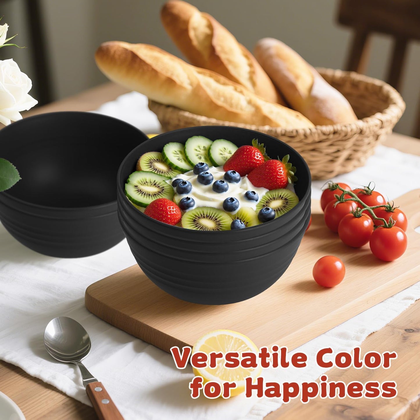 Wheat Straw Camping Bowls Sets of 6,Unbreakable 26oz Lightweight Bowls Sets for Outdoors Activity,Breakfast Bowls for Cereal and Salad.Black Series