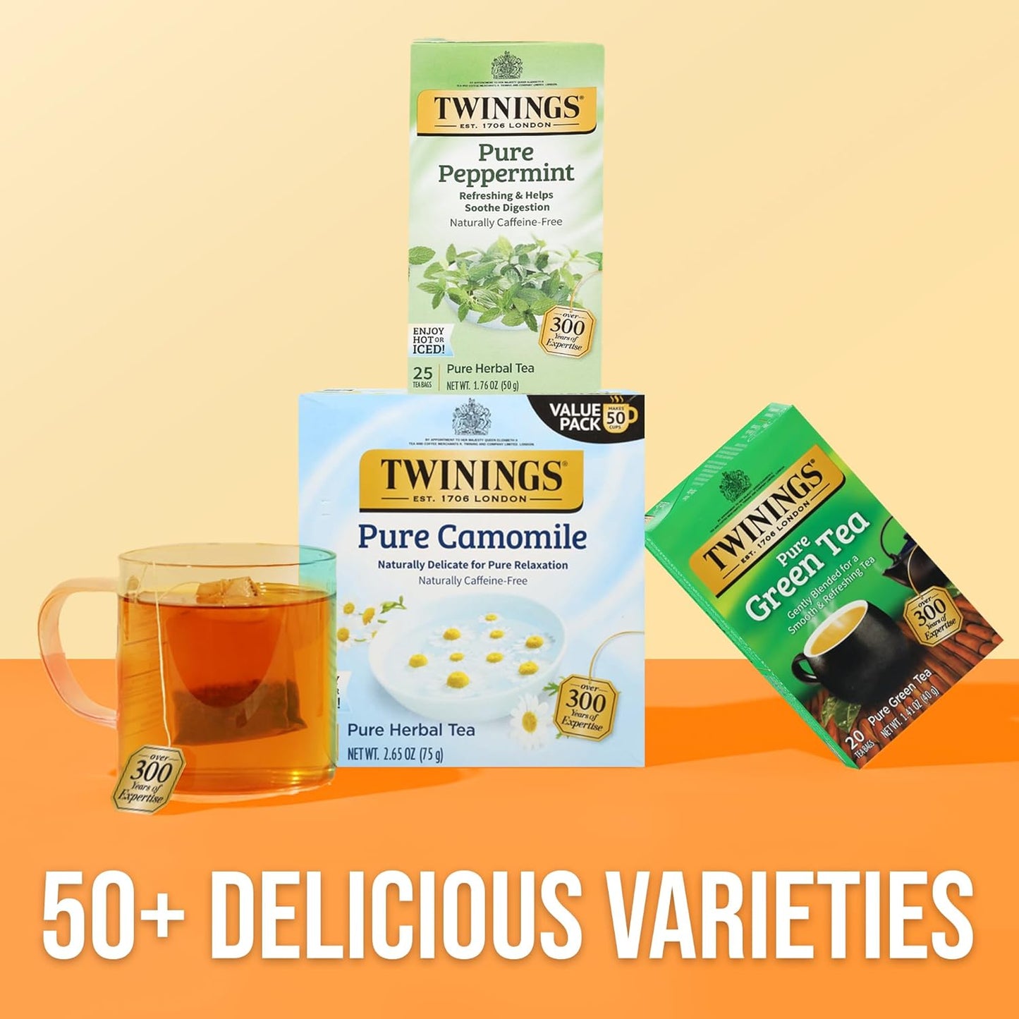 Twinings Pure Peppermint Herbal Tea Individually Wrapped Bags, 25 Count (Pack of 6), Fresh Minty Flavour, Naturally Caffeine-Free, Enjoy Hot or Iced, 150 Teabags