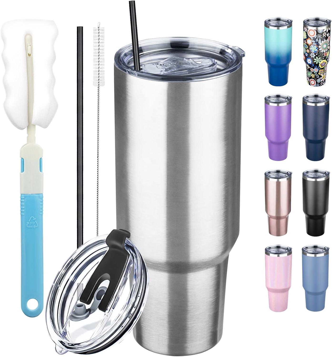 40 oz Tumbler with Lids and Straws, Stainless Steel Insulated Coffee Tumbler, Double Wall Vacuum Insulated Travel Mug Cup, Leakproof Thermal Coffee Cup for Hot and Cold Drinks (Silver)