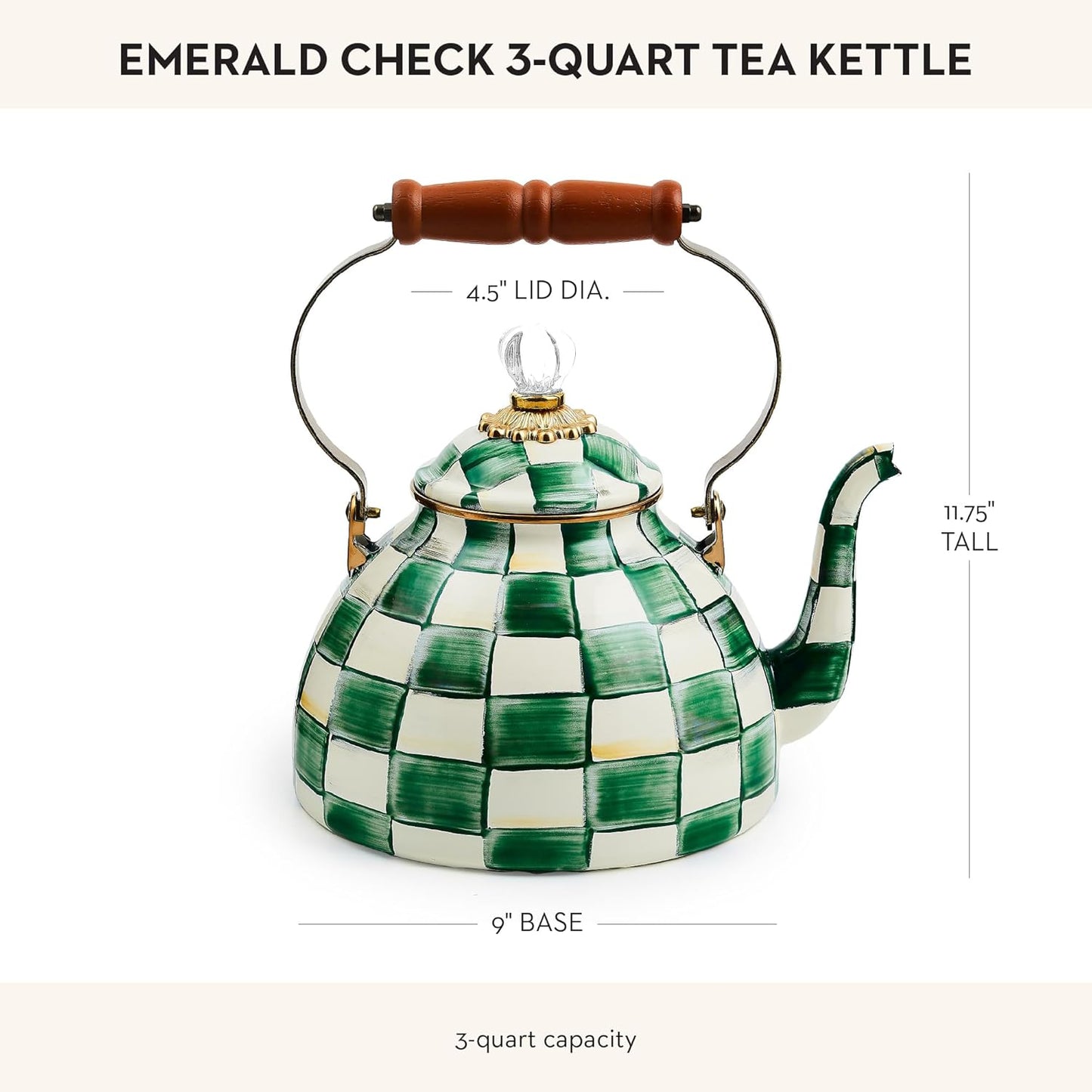 MACKENZIE-CHILDS Enamel Tea Kettle, Stylish Tea Kettle for Stovetop, Green-and-White Emerald Check, 3 Quarts