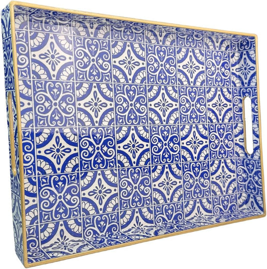 Serving Tray with Handles, Rectangular Decorative Trays for Coffee Table, Plastic Ottoman Tray for Living Room, Decor, Boho Blue, 15.7”*11.8”*1.6"