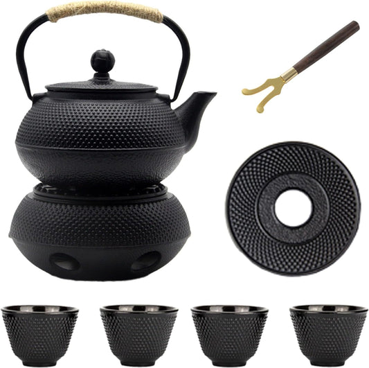 YJX Cast Iron Teapot Set with Cast Iron Warmer, Japanese Tetsubin Tea Kettle Set with Cups,Cast Iron Teapot with Stainless Steel Infuser and Enameled Interior(600ml Teapot Set Combination 1), Black