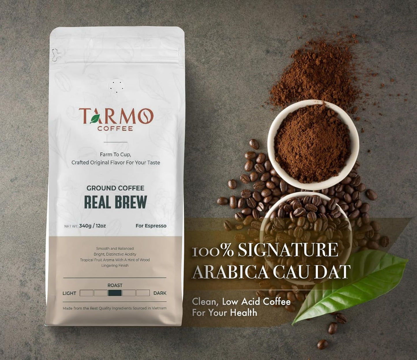 TARMO - REAL BREW | Low Acid 100% ARABICA Ground Coffee | Specialty Vietnamese Coffee | Single Origin Medium Roast | Coffee Ground 12 Oz Bag