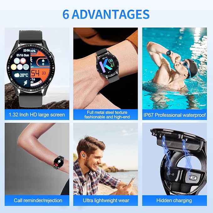 Smart Watch with Earbuds, 2 in 1 Sports Watch with Wireless Earphones, 1.39" IPS Large Touch-Screen IP67 Waterproof Rugged Fitness Tracker (Answer/Calls) Smartwatch (Black)