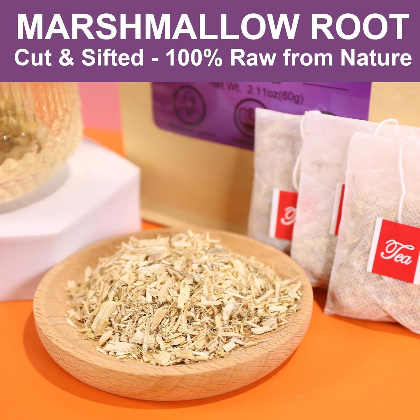 FullChea - Marshmallow Root Tea, 2g X 30 Count - Premium Natural Dried Cut & Sifted Althaea Officinalis - Non-GMO - Caffeine-free - Respiratory Support & Promote Digestion