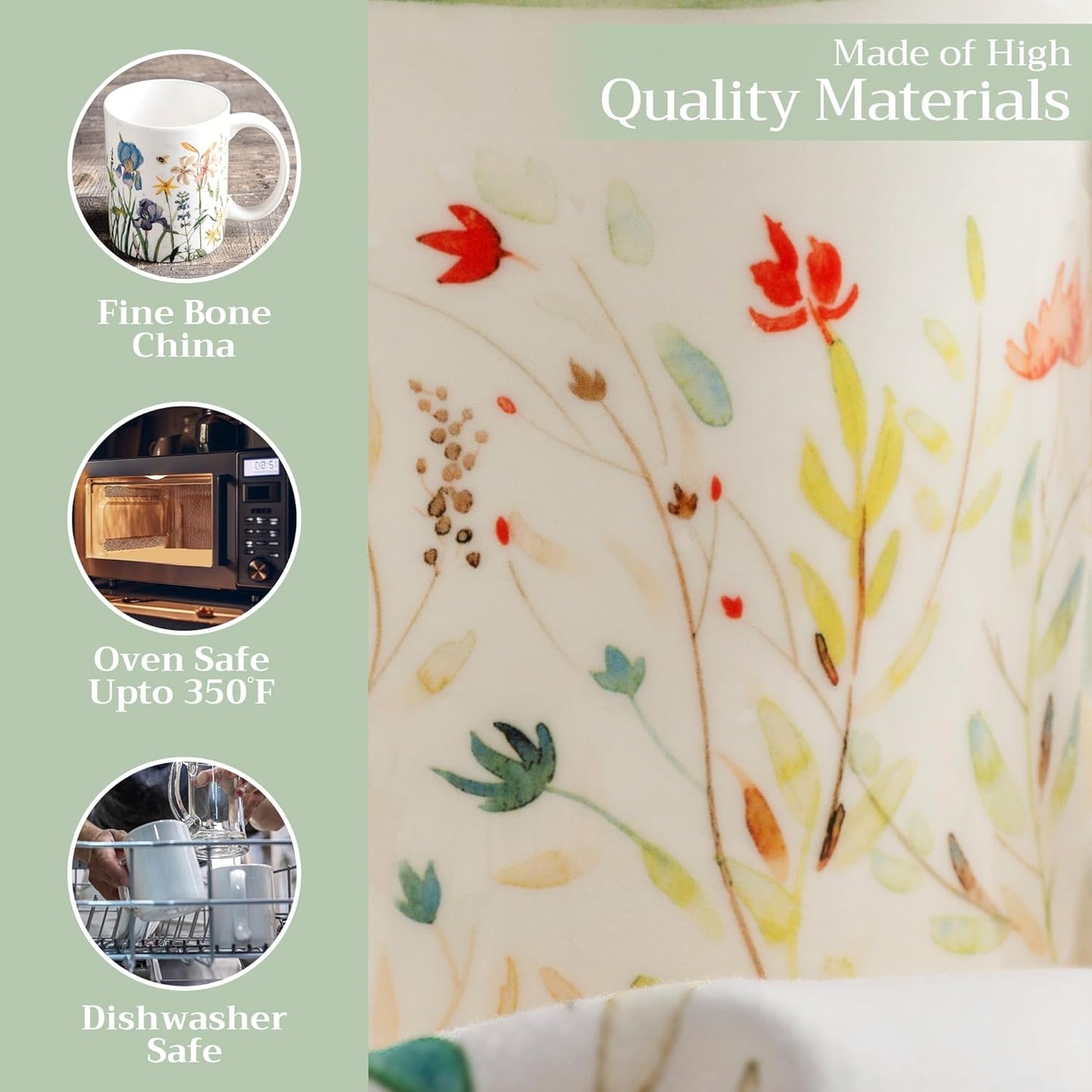 Maison d' Hermine Coffee Mug with Handles Fine Bone China Mugs Pack of One Tea Cups for Hot Beverages Cappuccino Latte Home Restaurant Office Perfect for Gift (Colmar - Green, 12 Ounce)