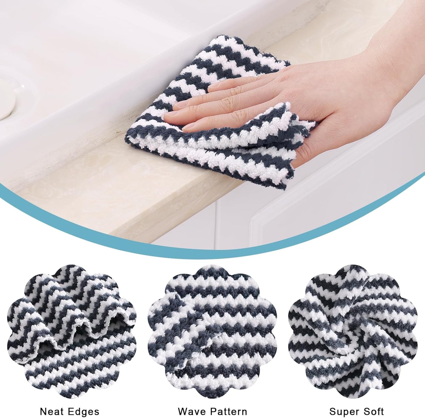 Homaxy 24 Pack Kitchen Dish Cloths, Ultra Soft and Absorbent Dish Towels, Reusable Fast Drying Microfiber Cleaning Cloth, Coral Velvet Wave Design No-lint, 10 x 10 inches, Dark Grey