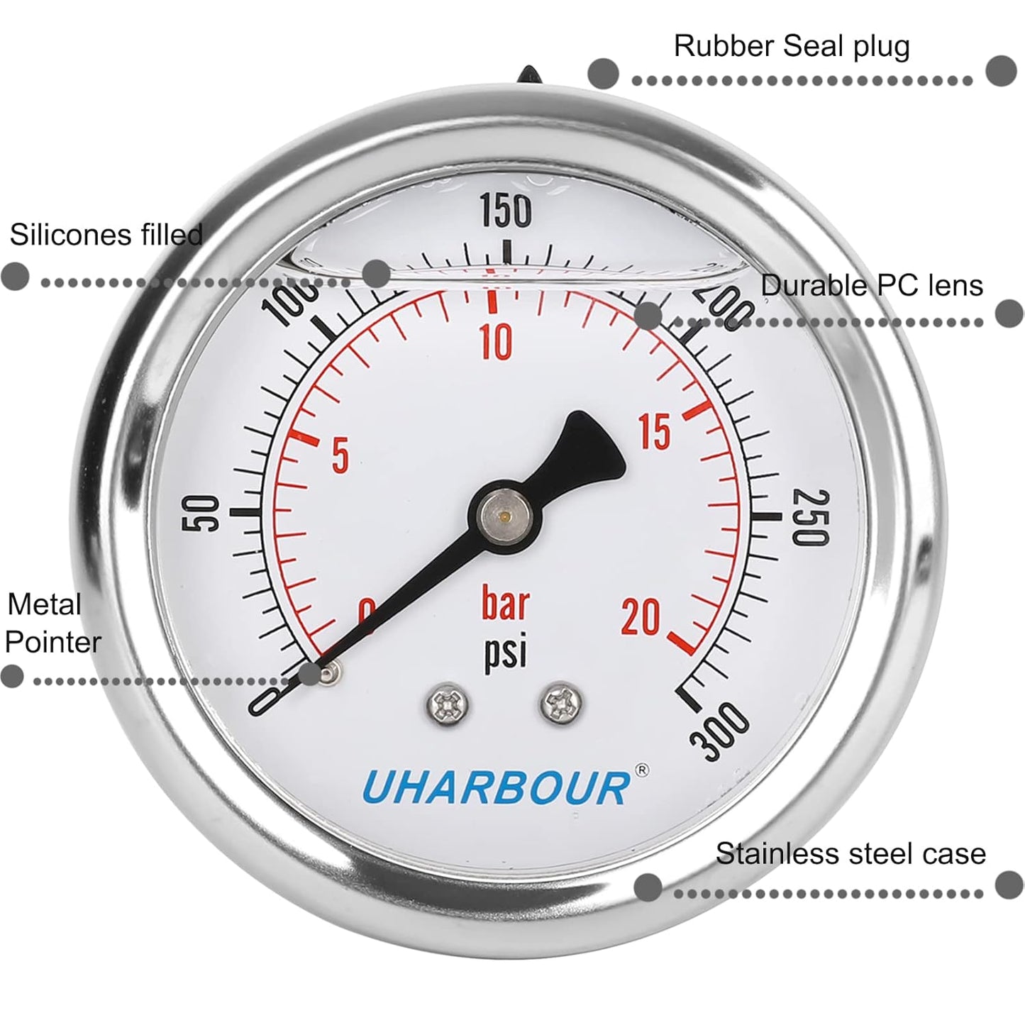 Glycerin Filled Pressure Gauge 200psi/14bar, Stainless Steel case, Brass Inside Construction, 2-1/2" dial, 1/4" NPT Back Connection.…