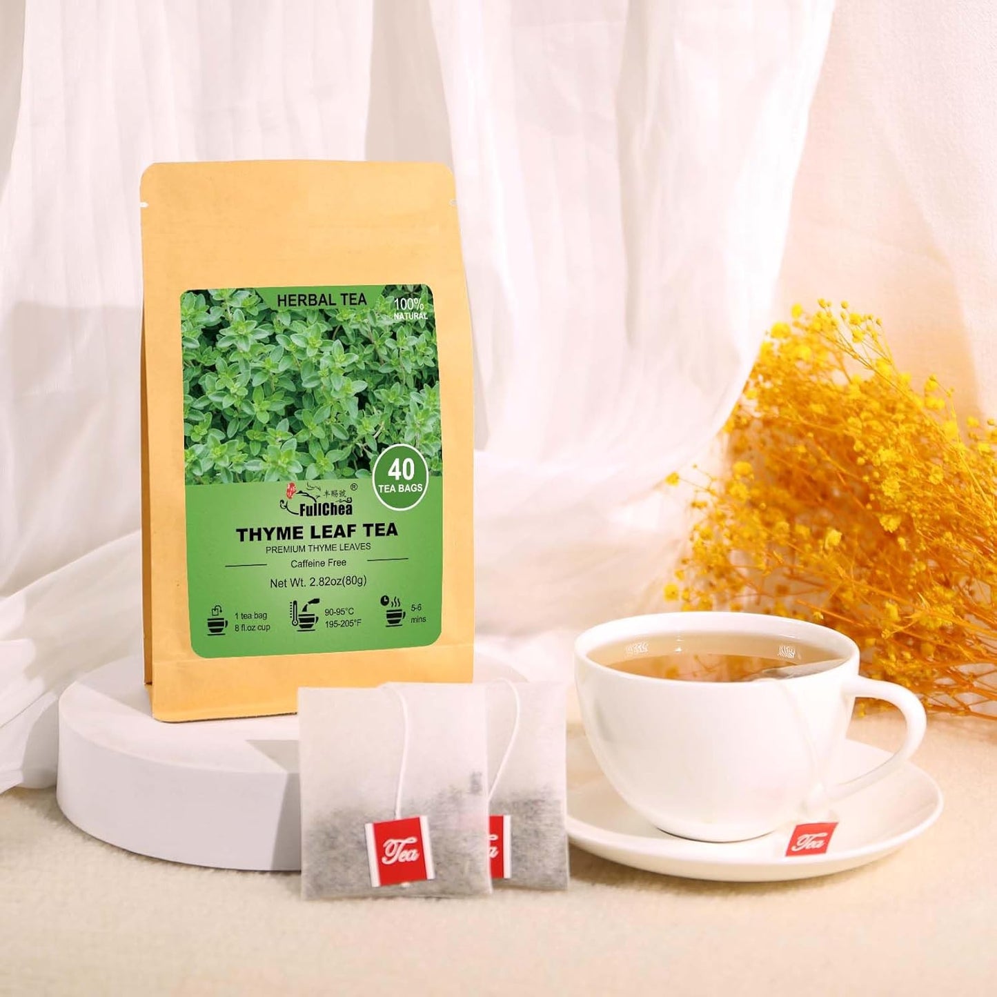 FullChea - Thyme Tea Bags, 40 Teabags - Premium Thyme Leaves - Non-GMO - Caffeine-free, Promote Overall Health, Support Digestion