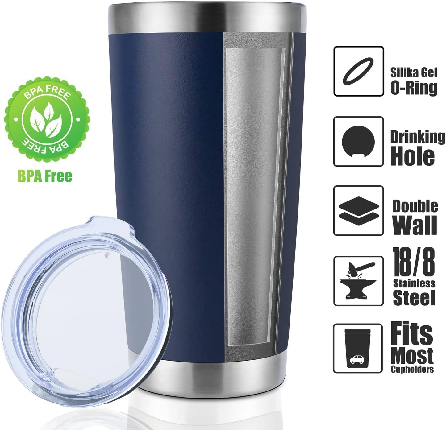 DOMICARE 20oz Stainless Steel Tumbler Bulk with Lid, Double Wall Vacuum Insulated Travel Mug, Powder Coated Coffee Cup (Powder Navy, 8)