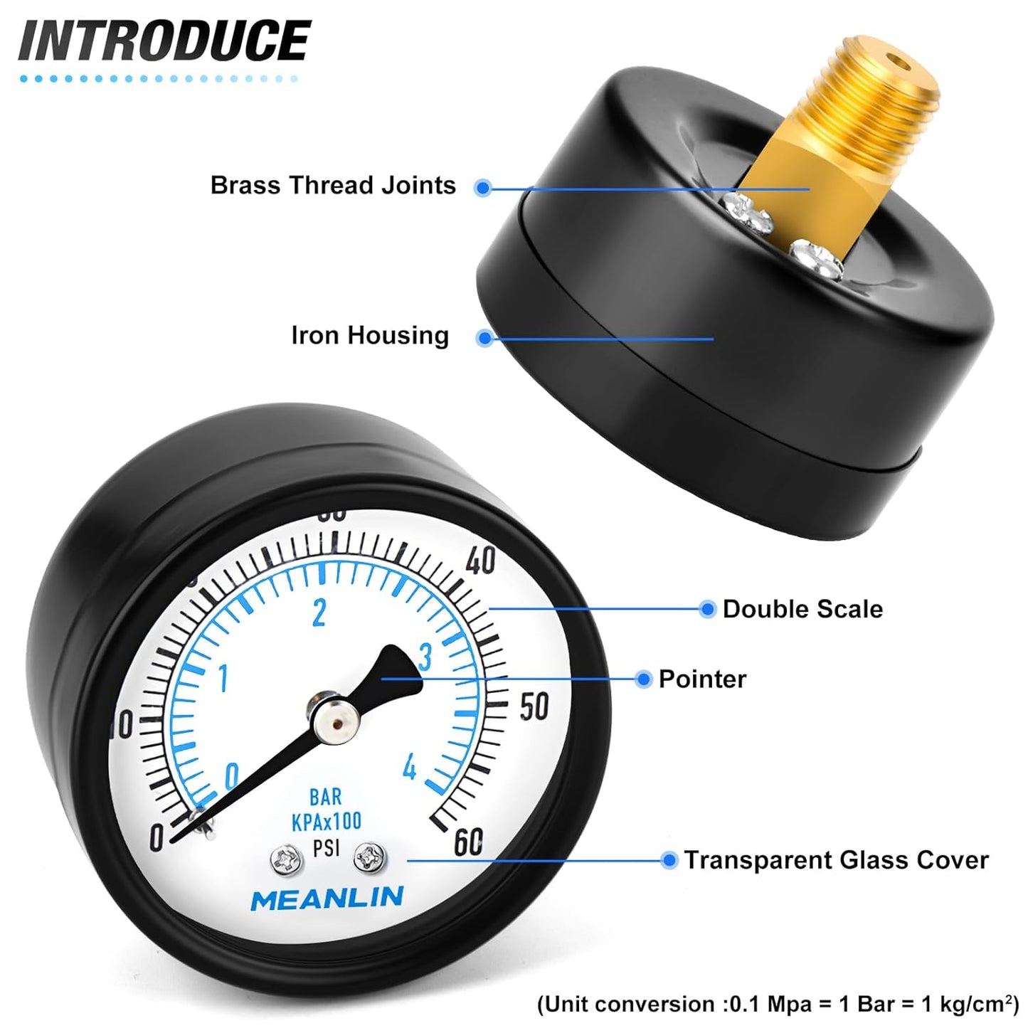 MEANLIN MEASURE 0-60Psi Well Pump Pressure Gauge 1/4" NPT 2" FACE DIAL for Pool Filter Pump Water Oil Air Compressor Tire Pressure Tester Back Mount, with Teflon Tape