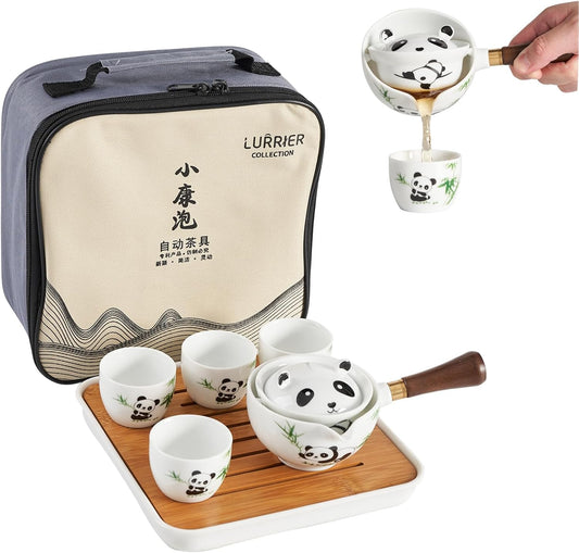 LURRIER Porcelain Chinese Gongfu Tea Set,Portable Teapot Set with 360 Rotation Tea maker and Infuser,Portable All in One Gift Bag for Travel,Home,Gifting,Outdoor and Office (Panda)