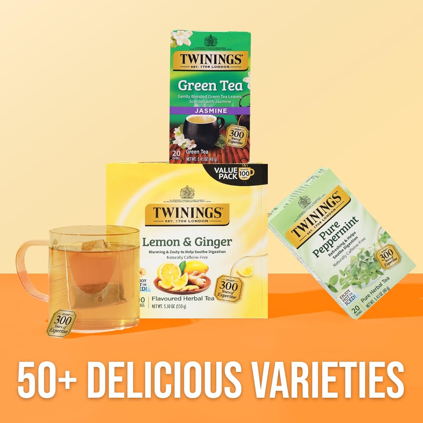 Twinings Lemon & Ginger Herbal Tea Individually Wrapped Bags, 100 Count (Pack of 1), Tangy Lemon, Spicy Ginger, Naturally Caffeine-Free, Enjoy Hot or Iced, 100 Teabags