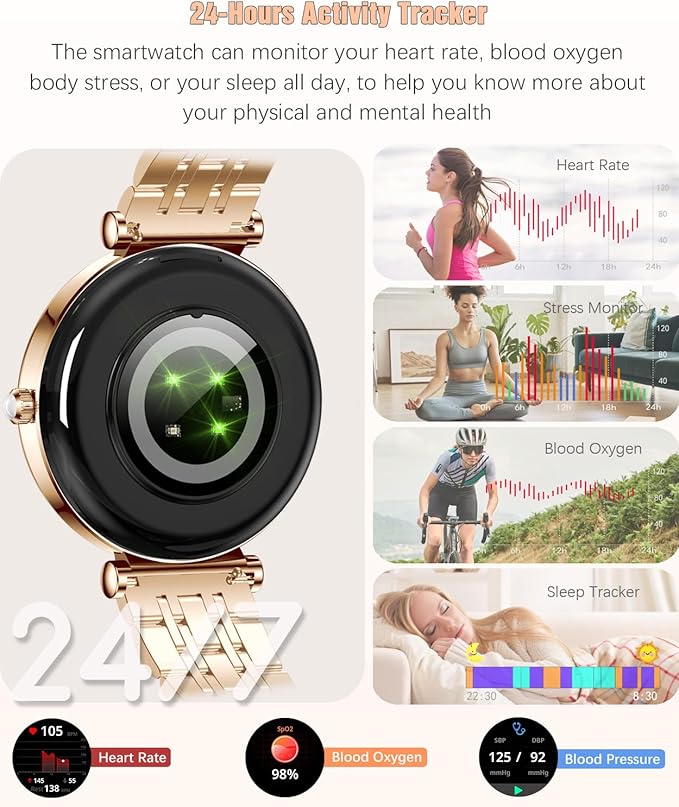 Smart Watch for Women 1.27" Color Screen Waterproof Fitness Activity Tracker Rose Gold Women's Smart Watch with Heart Rate Sleep Monitor for Android and iOS (Rose Gold Steel RT-i109)