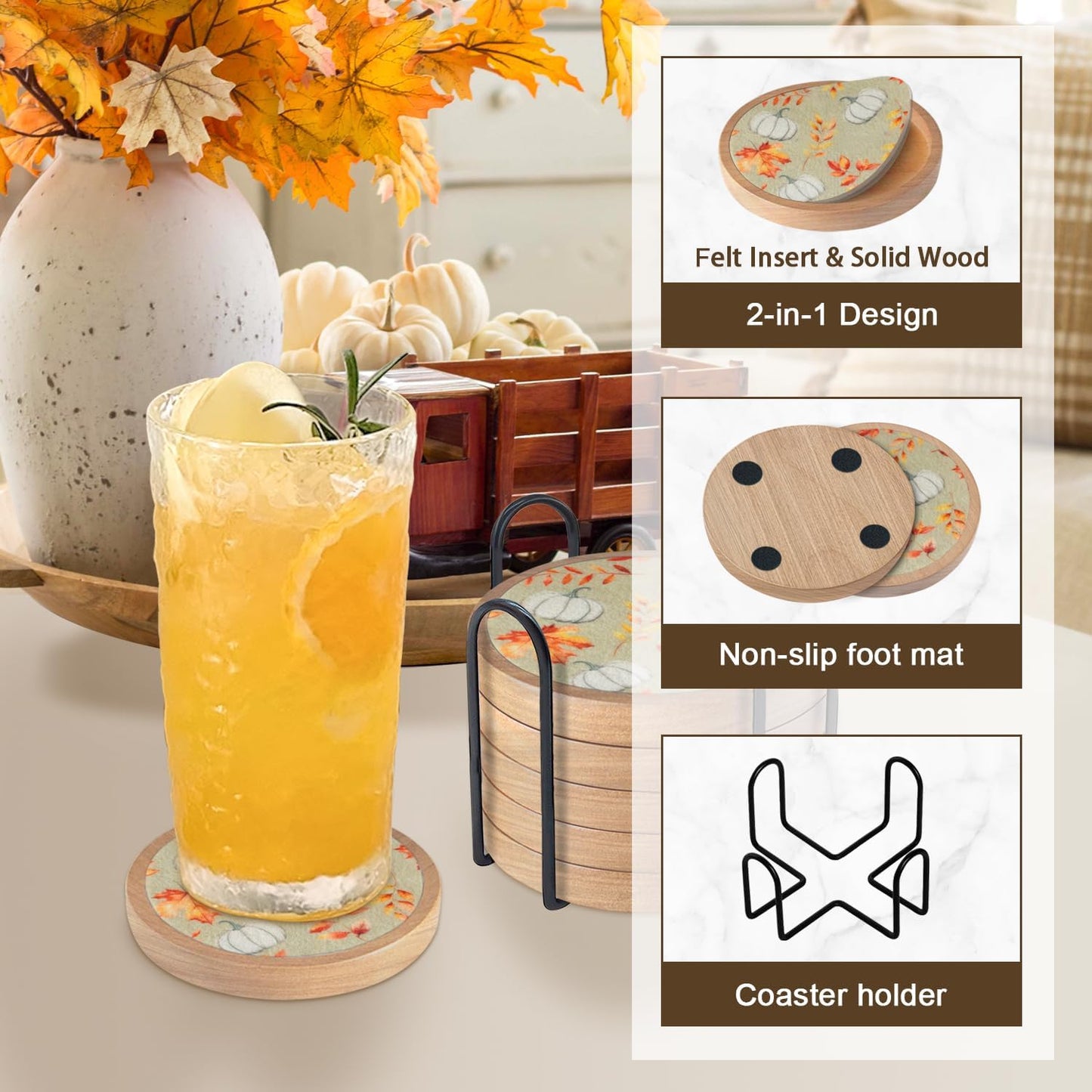 Pumpkins Coaster Set of 6 Cewiru Halloween Coasters for Drinks Absorbent Cup Mats for Table Protection Unique Fall Round Coasters for Coffee Table Kitchen Decor 4.3"