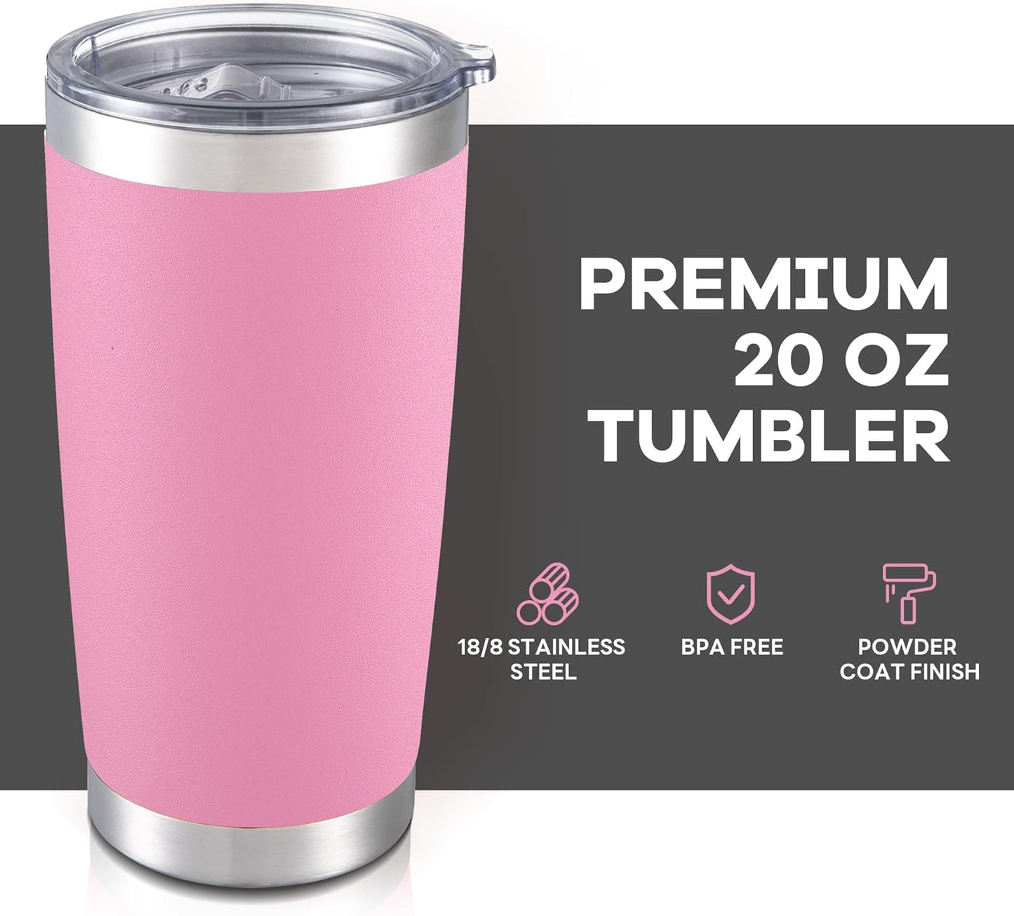 20 oz Tumbler with Lid Stainless Steel Insulated Tumblers Bulk Double Wall Vacuum Cups Powder Coated Travel Mug Keep Drinks Cold and Hot, Pink, 4 Pack