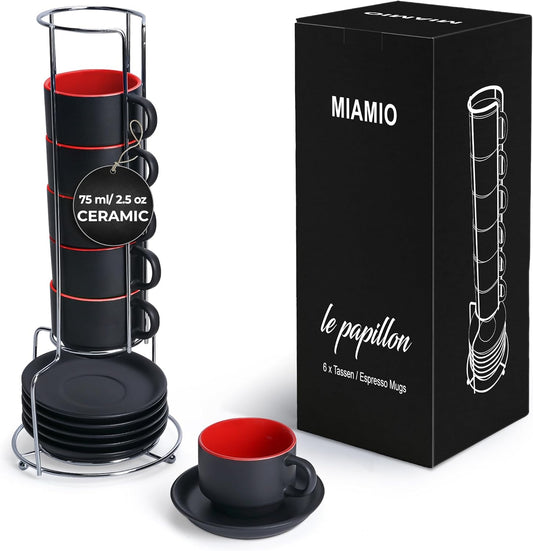 MIAMIO - 2.5 oz Espresso Cup Set with Saucers Coffee Mug Set of 6 - Ceramic Coffee Mug Stackable Espresso Mug with Stand for Coffee Drinks, Latte, Cafe Mocha - Le Papillon Collection (Red)
